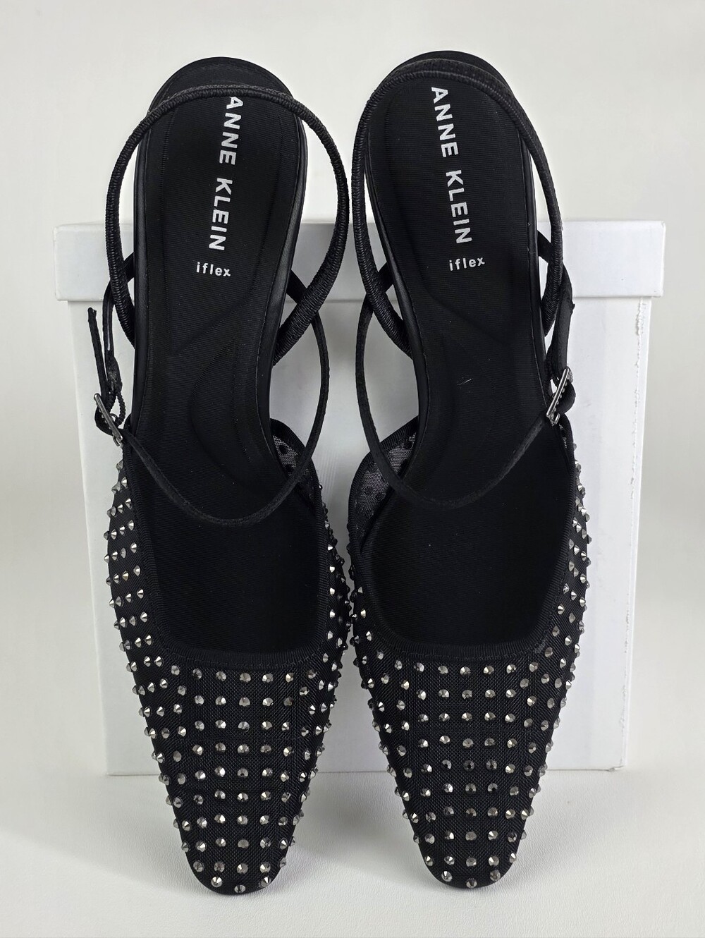 Anne Klein Black Pointed Studded Slingback Heels!